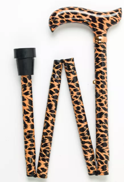 Folding Stick Leopard Print Derby Cane Adjustable 4 Part Animal Striking