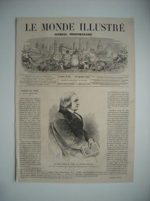 Gravure 1863. Le Comte Alfred De Vigny, De L’academie Francaise. Avec Explicatif
