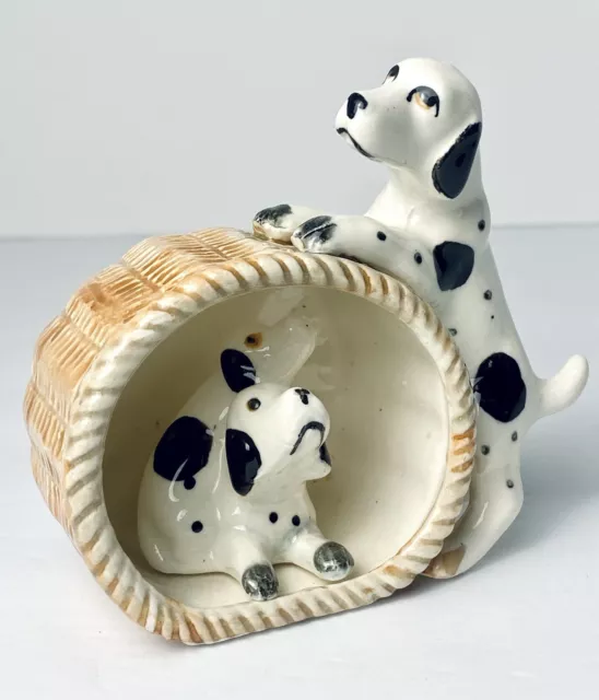 Vintage Dog Figurine Dalmatian Puppies Mom w Babies in Basket Japan Mid Century