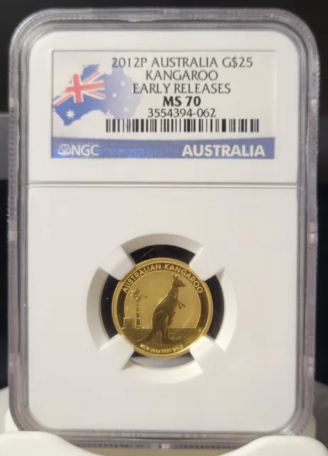 🔥2012P AUSTRALIA 1/4 oz GOLD  9999 KANGAROO $25 NGC MS 70 EARLY RELEASES