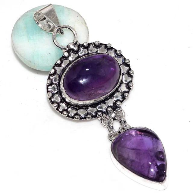 925 Silver Plated Gemstone-Amethyst Ethnic Long Pendant Jewelry 2.6" JG