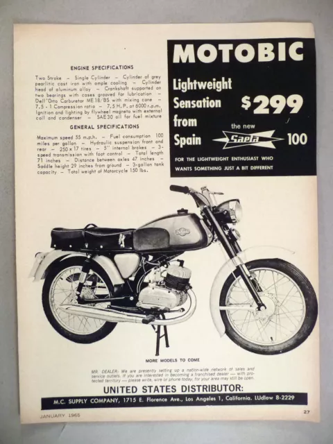 ANUNCIO IMPRESO DE MOTO MOTO MOTOBIC SAETA 100 - 1965 ~~España