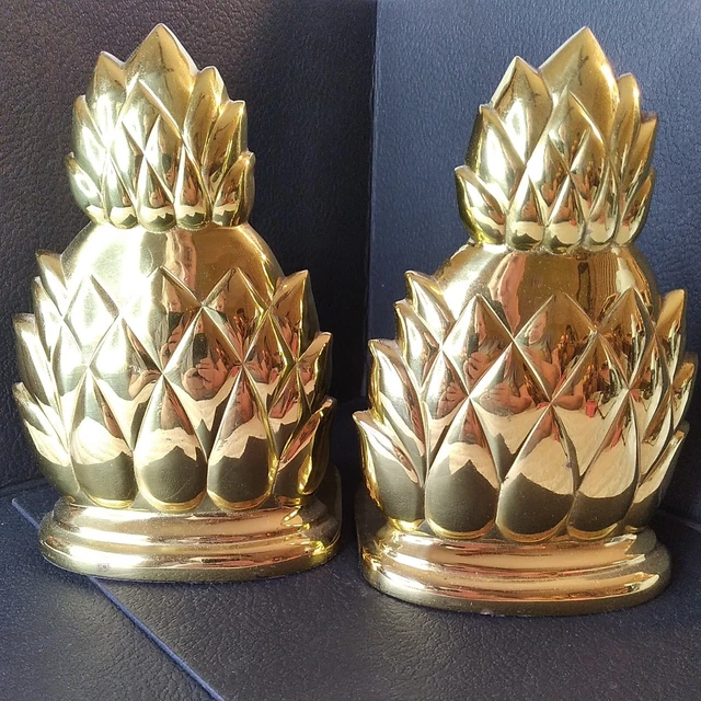 Vintage Mid-Century Boho Lacquered Brass Pineapple Bookends Pair 7"H