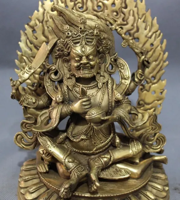 9" Tibet Brass Buddhism Vajra 4 Arms Mahakala Buddha Joss Jambhala Statue 3