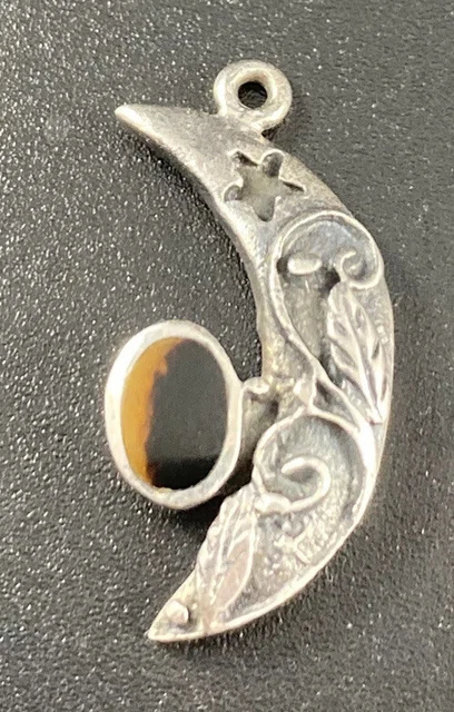 Charles Winston 925 Tiger Eye Crescent Moon Charm Fine Etched Floral Star