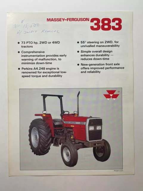 Massey Ferguson Model 383 Tractor Sales Brochure *1980s* (Showroom Sales Sheet)