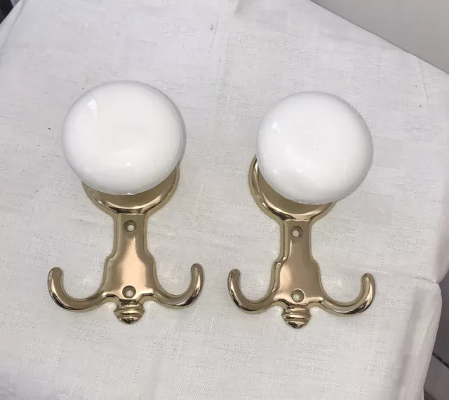 2 Vintage white Doorknob Coat Hanger Brass Gold Wall Mount Hook towel bar Holder