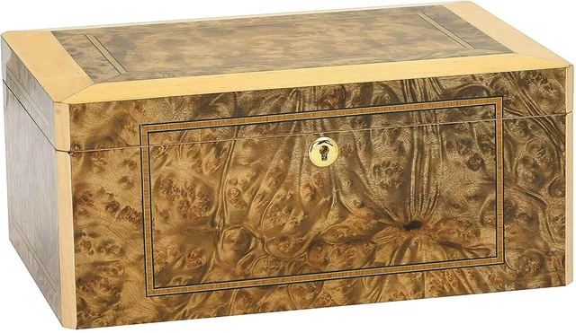 Humidor Supreme Solerno Desktop Cigar Storage Rustic Burl Wood and Maple Inlay