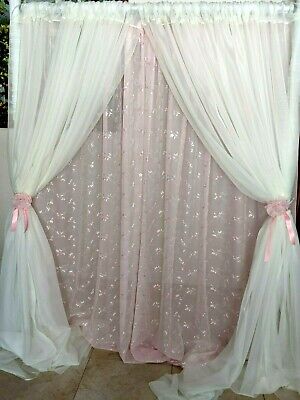 Pink drapes embroidered Voile 110" wide. Baby room girl party, baptism, birthday 3