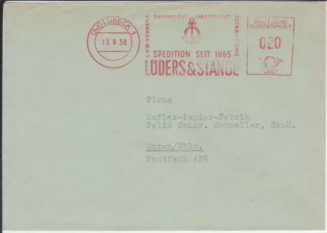 Firmenbrief mit Freistempel / AFS Lübeck, Spedition Lüders & Stange, 1958