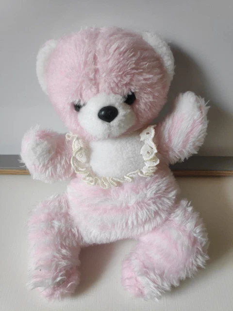 Peluche doudou ours rose blanc bavoir dentelle Nounours vintage + cadeau