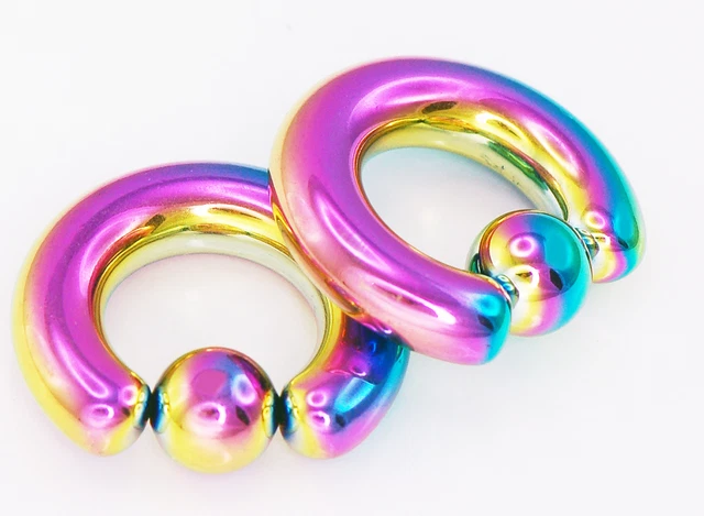 Pair 1/2" Heavy Gauge Rainbow Titanium IP Surgical Steel Captive Bead Rings