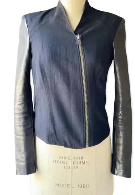 Helmut Lang Black Textured Cotton Wool Zipper Long Leather Sleeve Biker Jacket