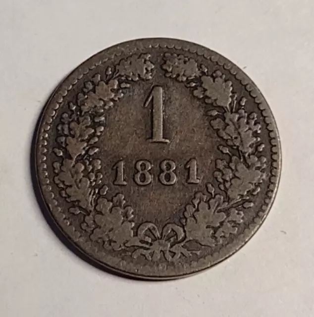 1881 Austrian Empire Copper Coin, One Kreuzer, Franz Joseph I