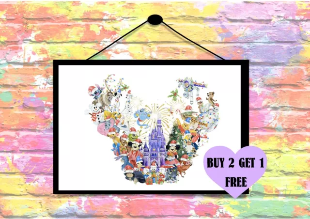 BUY 2 GET 1 FREE - Disney Christmas Magic Kingdom Heart Print Wall Art Poster A4