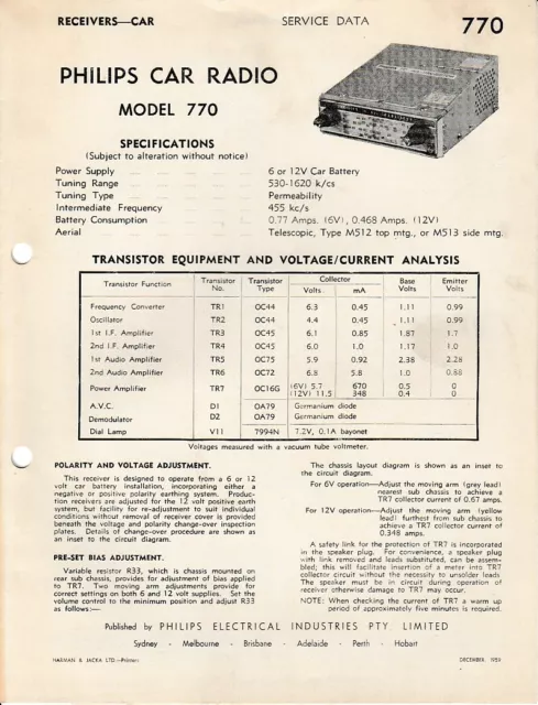 Vintage Service Data Philips CAR Radio Model 770 Genuine