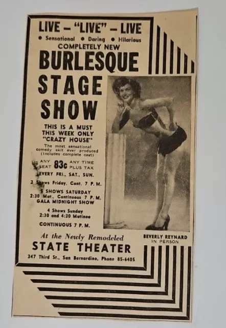 Burlesque Show Ad 1950s Newspaper Clipping Beverly Reynard State Theater Vintage