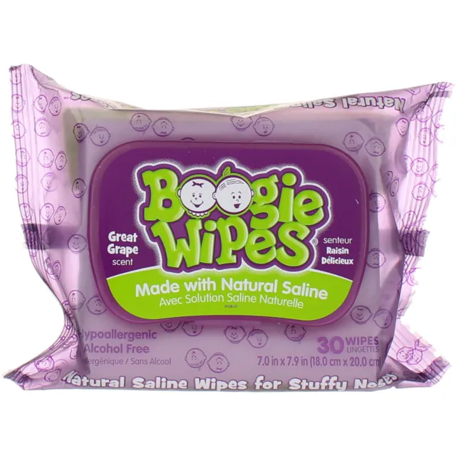 2 Pack Boogie Wipes Natural Saline Nose Wipes, Great Grape, 30 Ct