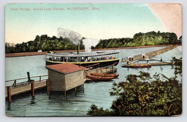 c1908~Bridge & Excursion Steamer~Lake Harbor~Muskegon Michigan MI~VTG Postcard
