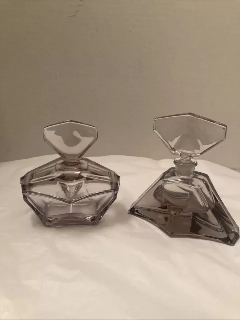 Vintage Pressed Glass Art Deco Perfume Bottle & Trinket Dish Solarized Smokey