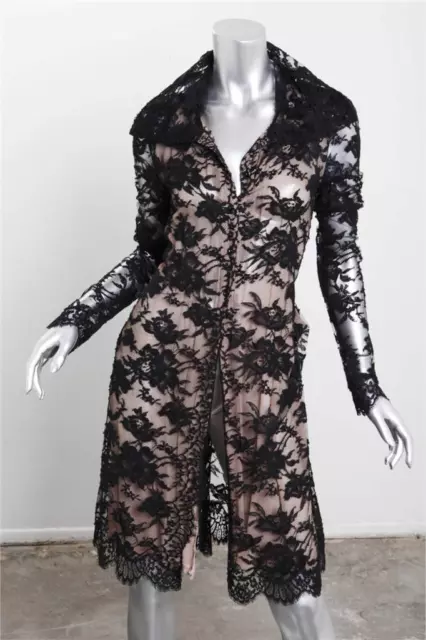 NIGEL PRESTON Black Sheer Lace Long-Sleeve Knee-Length Shirt Dress Jacket S