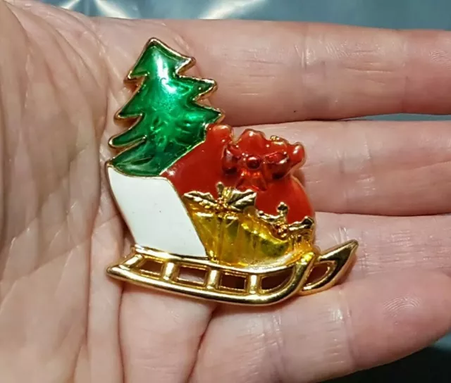 Vintage Christmas Brooch Sleigh With Xmas Tree Enamelled Gold Plated Gift Pin