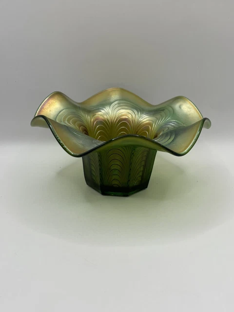 Antique Fenton Carnival Glass Green Iridescent Peacock Tail Hat Dish 3”