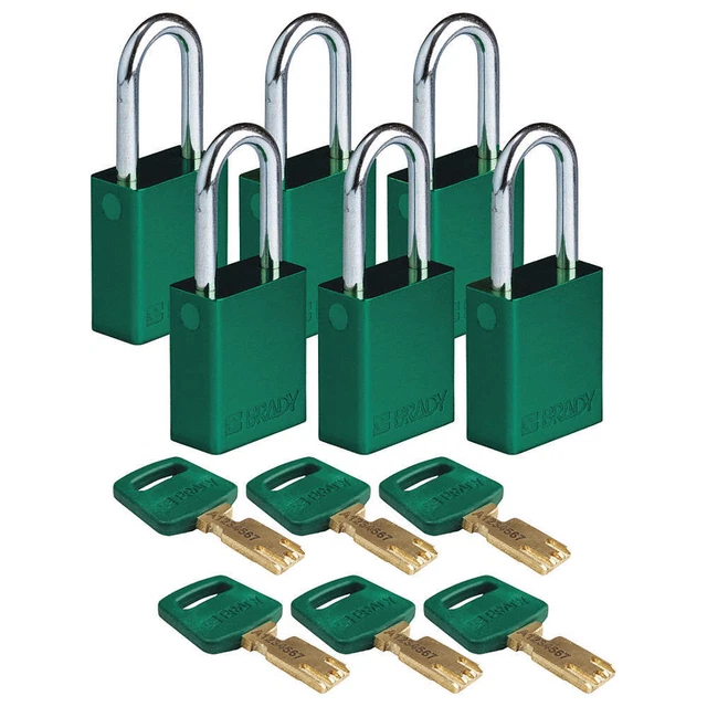 BRADY ALU-GRN-38ST-KD6PK Lockout Padlock,Al,Grn,Key Different,PK6