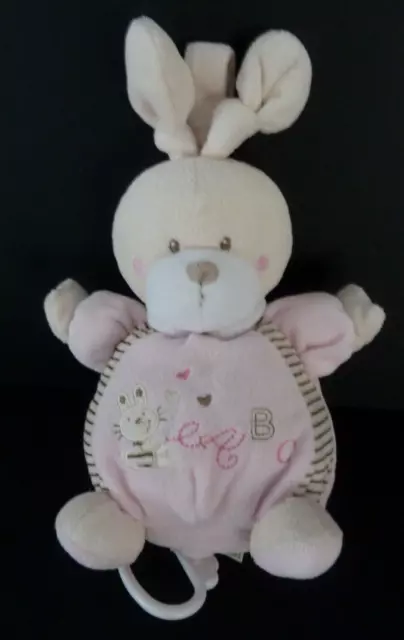 M4. DOUDOU BOULE MUSICAL NICOTOY LAPIN  ROSE ABC 20cm + OREILLE NOUEE - TTBE