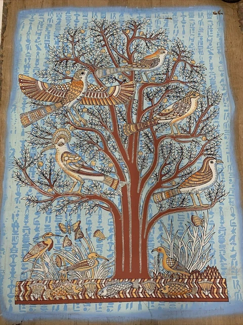 Egyptian Papyrus Painted Art Piece LARGE 24.5x35 Blue Bird with silver glitter A