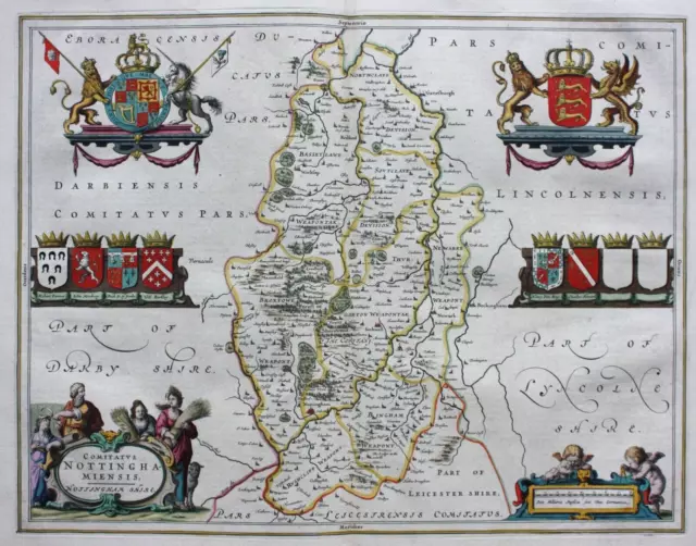 NOTTINGHAMSHIRE, 'COMITATUS NOTTINGHAMIENSIS', original antique map, Blaeu, 1645