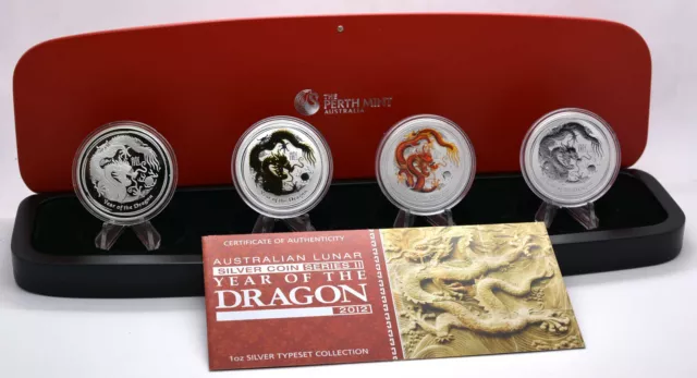 4  x 1oz Silber Australien Lunar II Drache Dragon 2012 Typeset