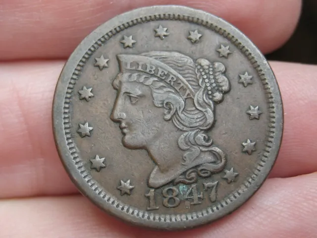 1847 Braided Hair Large Cent- XF Details, Crude Brothel Token