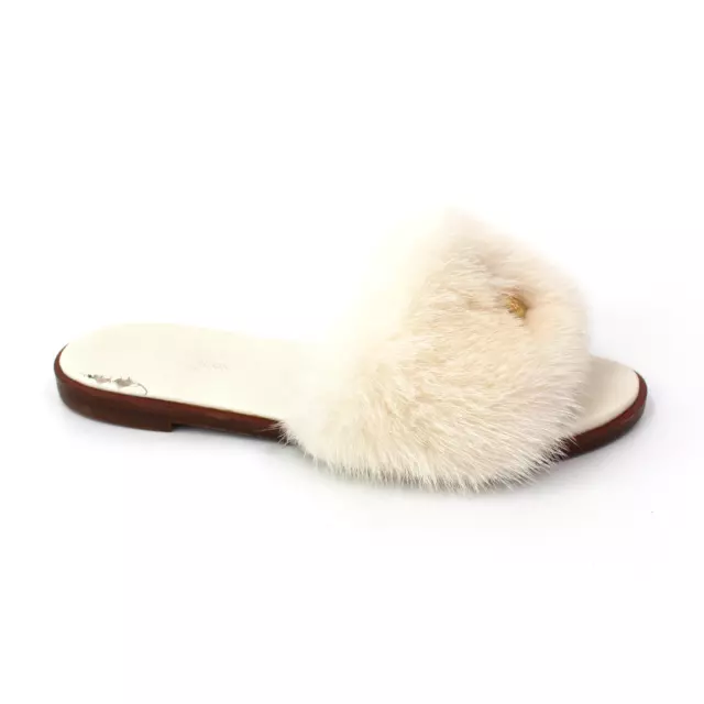 Louis Vuitton White Leather Open toe Mink Fur Lock It Flat Slides