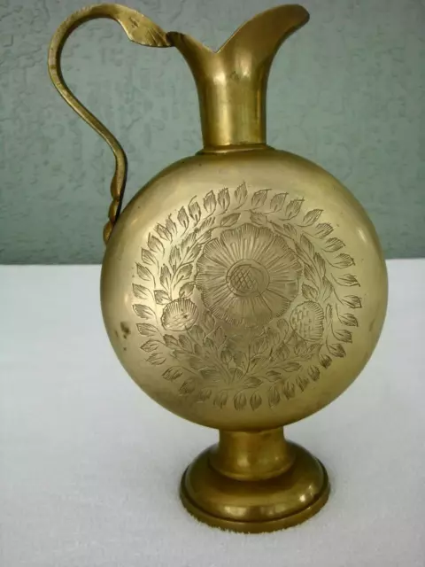 Vintage India Brass Etched Water Pitcher Vessel Carafe Elegant Curved Handle