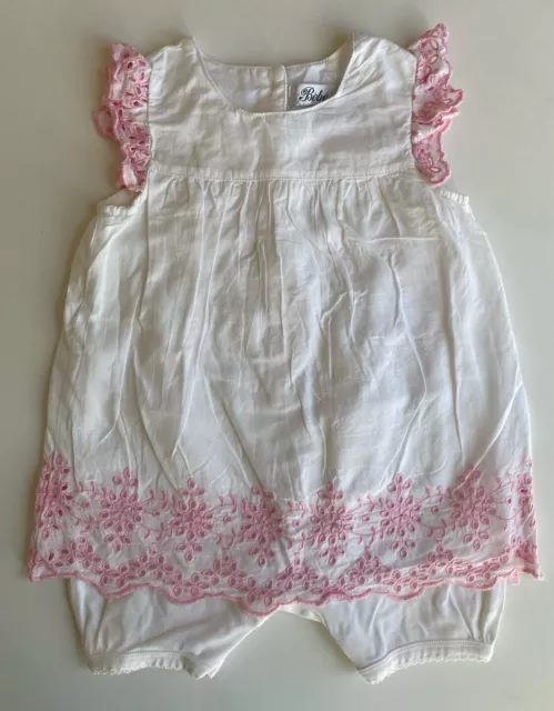 Bebe by Minihaha baby girl size 6-9 months white pink lace dress one-piece, VGUC