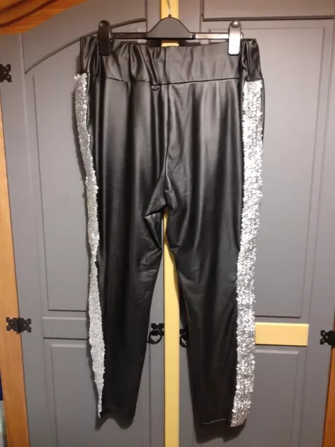 Ladies Black Faux Leather Stretchy Leggings With Silver Sequin Sides Size 1XL...