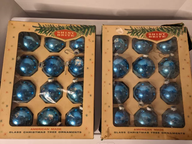 5 boxes Vintage Shiny Brite 2" Glass Christmas Tree Ornaments Blue Flaws