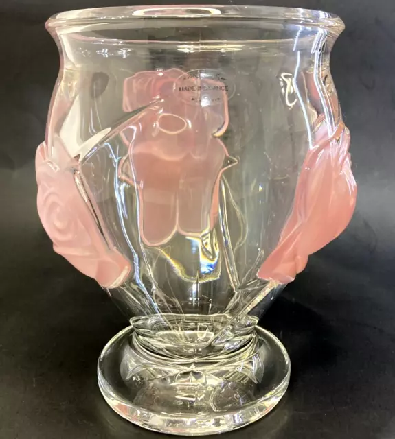 TeleFlora Clear Heavy Glass Vase Frosted Raised Pink Roses 6.25"h Made In France 3