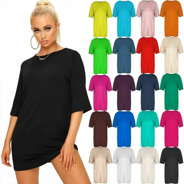 Ladies Baggy Oversized Top Plain Short Sleeve Longline T-Shirt PJ Dress Womens