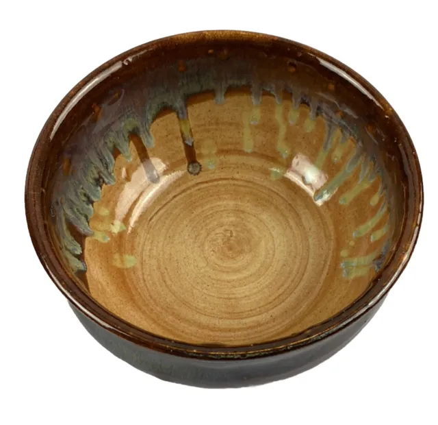 Studio Stoneware Pottery. Hand Thrown Earthtone Colors Drip Glaze Bowl Signed