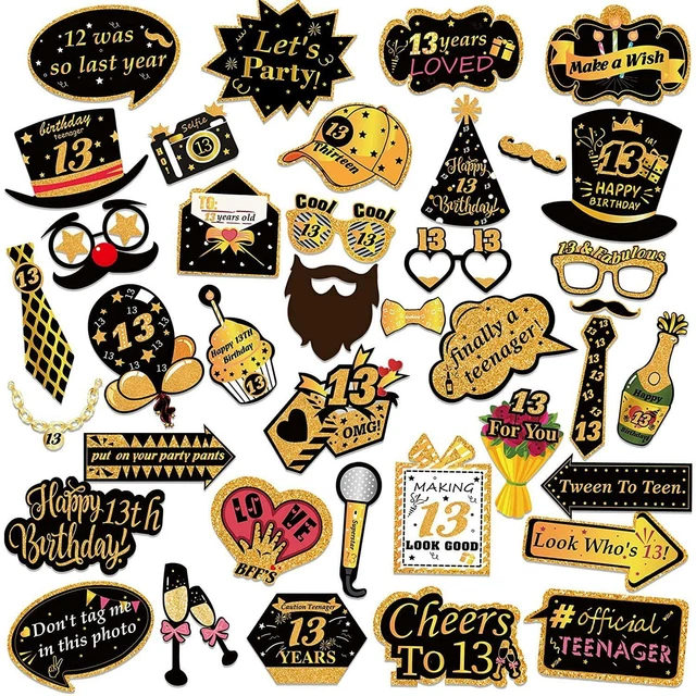 BLACK AND GOLD 13th Birthday Photo Booth Props, 39 Piece HOWAF £12.49 ...