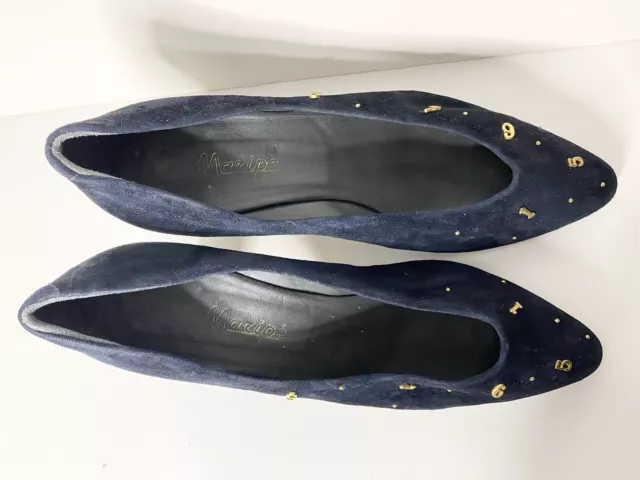 Vintage 80s MARIPE Sz 40 / 8.5 Navy Blue Suede Gold Embellishment Heels Shoes 2