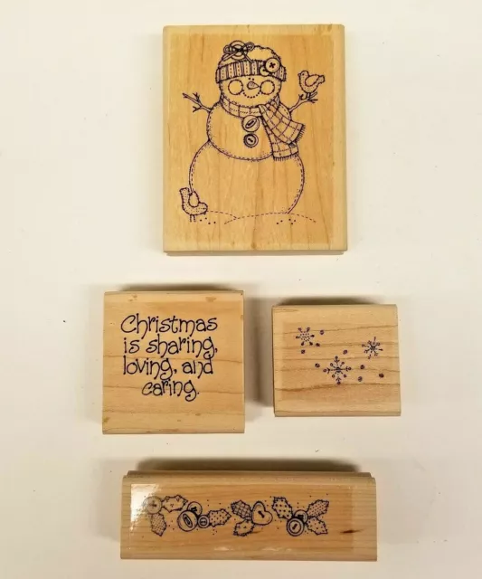 Stampin' Up! Festive Wood Mount Rubber Stamp Christmas Snowman Snow Flakes Holly