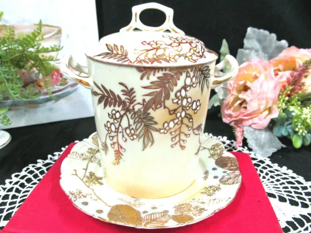 Nippon condensed milk holder with under plate painted raised gold gilt Japan 20s
