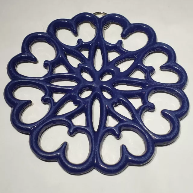 Blue Enamel Cast Iron Round Trivet Hot Mat with Hanger Wall Decor