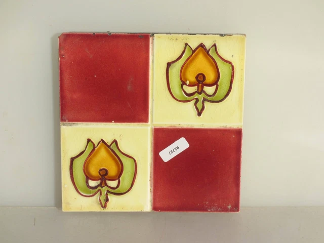 Antique Ceramic Tile Floral Flowers Leaf Art Nouveau Old Vintage Edwardian 1904