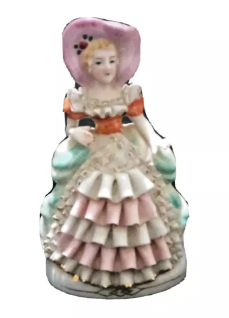 Vintage Glazed Porcelain Crinoline Lady Figurine Doll With Pink Ruffled Dress