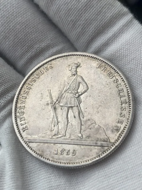 Switzerland 1859 Zurich 5 Francs Shooting Thaler, Rare 6k, Original Luster