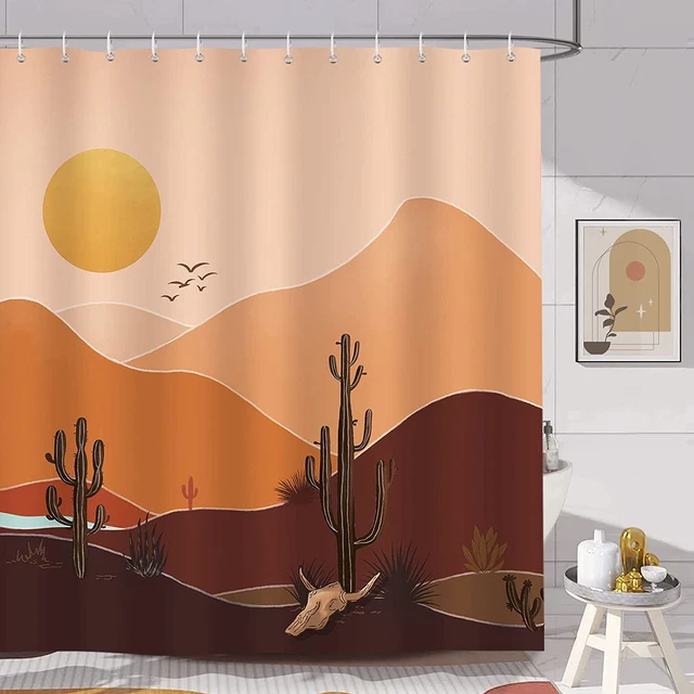 Boho Mountain Cactus Shower Curtain 72 X 72 Inch Mid Century Modern Abstract Sun